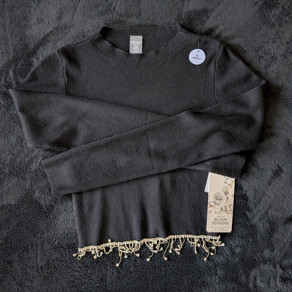 NWT Rhinestone Fringe Cropped Black Sweater Night Out Baddie Going Out Top M - Picture 10 of 11